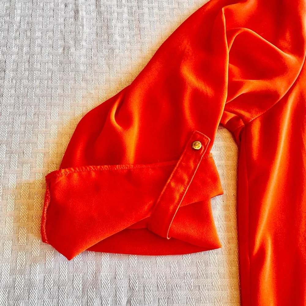 Cato Orange Asymmetrical Hem V-Neck Roll Tab Sleeve Blouse Top Womens Size Large